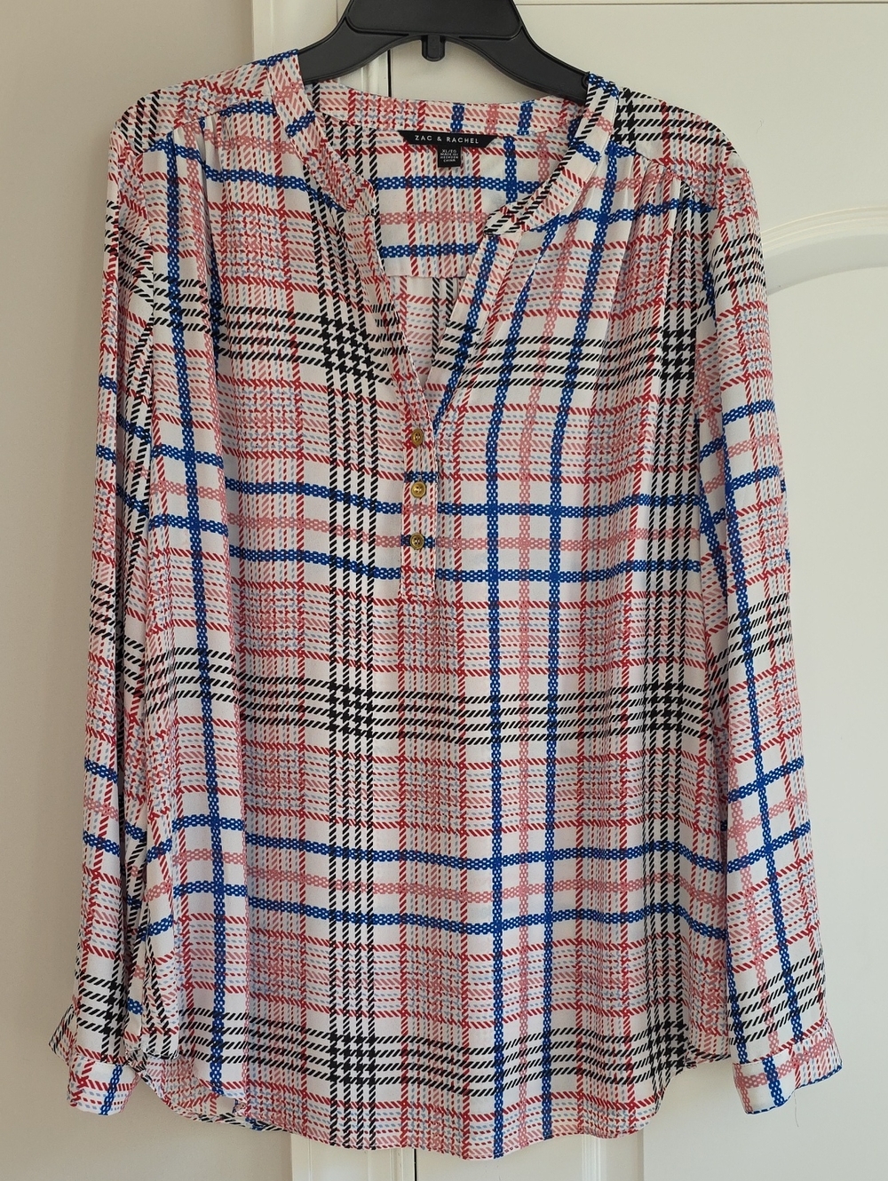 Zac & Rachel White Plaid Button-Neck Colorful Blouse